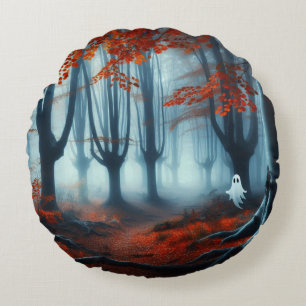 Spooky Autumn woods with a ghost Round Cushion