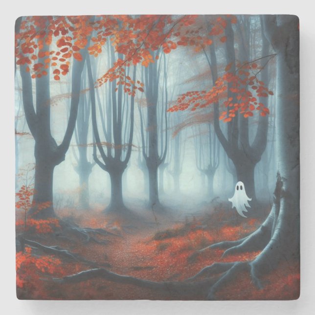 Spooky Autumn woods with a ghost Stone Coaster (Front)