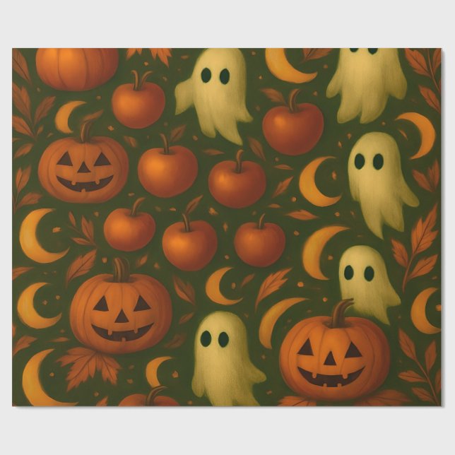 🎃 Spooky Autumn Wrapping Paper – Ghosts, Pumpkins (Flat)