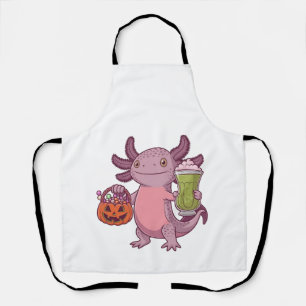 Spooky Axolotl Holding Matcha and Treat Halloween Apron
