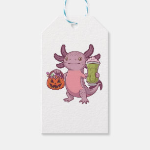 Spooky Axolotl Holding Matcha and Treat Halloween Gift Tags