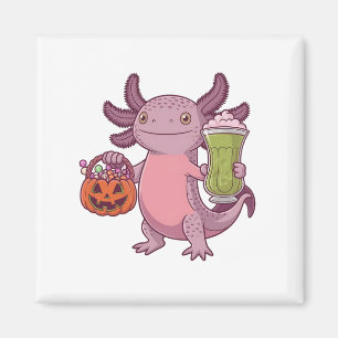 Spooky Axolotl Holding Matcha and Treat Halloween Magnet
