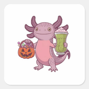 Spooky Axolotl Holding Matcha and Treat Halloween Square Sticker