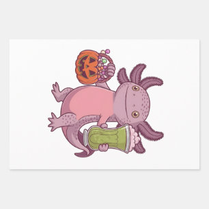 Spooky Axolotl Holding Matcha and Treat Halloween Wrapping Paper Sheet