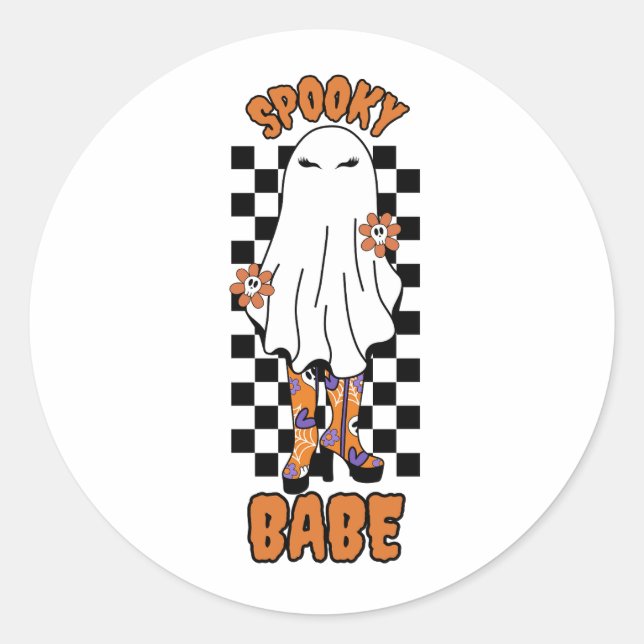 "Spooky Babe" Woman Halloween Ghost Orange Classic Round Sticker (Front)