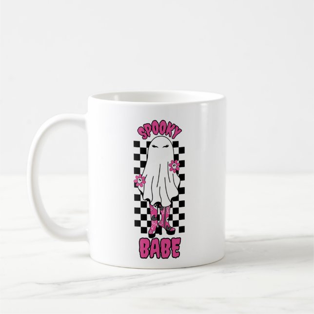 "Spooky Babe" Woman Halloween Ghost – Retro Pink Coffee Mug (Left)