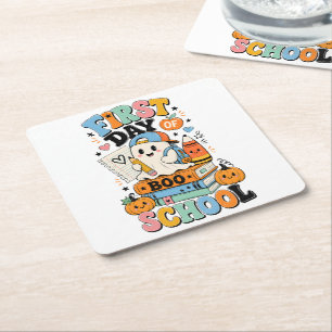 Spooky Back to School Halloween Graphic Design  Square Paper Coaster