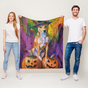 Spooky Basenji Halloween Witch And Pumpkin Fleece Blanket