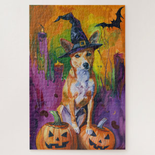 Spooky Basenji Halloween Witch And Pumpkin Jigsaw Puzzle