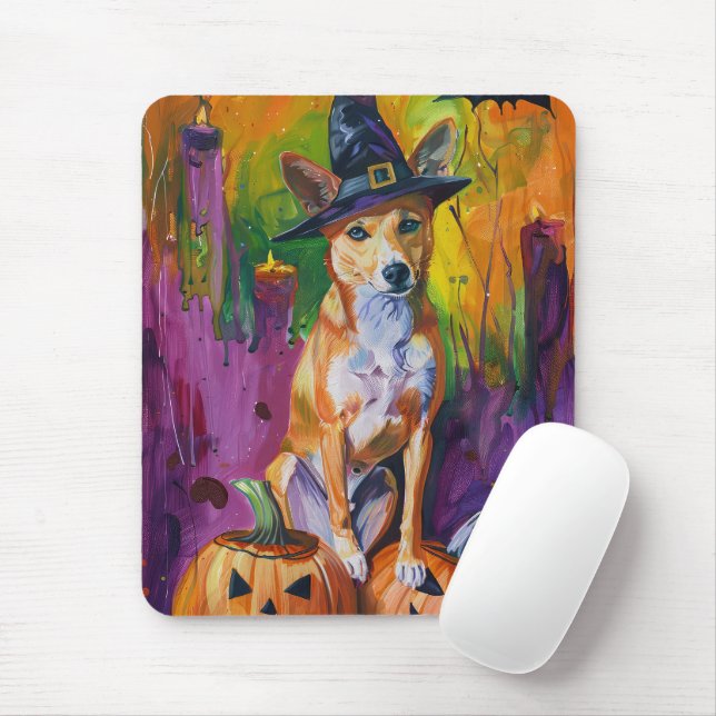 Spooky Basenji Halloween Witch And Pumpkin Mouse Pad (With Mouse)