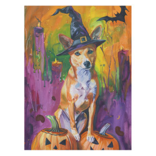 Spooky Basenji Halloween Witch And Pumpkin Tablecloth