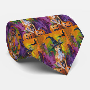 Spooky Basenji Halloween Witch And Pumpkin Tie