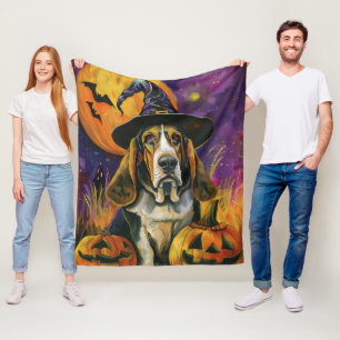 Spooky Basset Hound Halloween Witch And Pumpkin Fleece Blanket