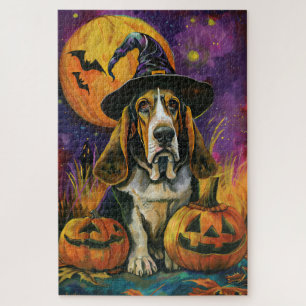Spooky Basset Hound Halloween Witch And Pumpkin Jigsaw Puzzle