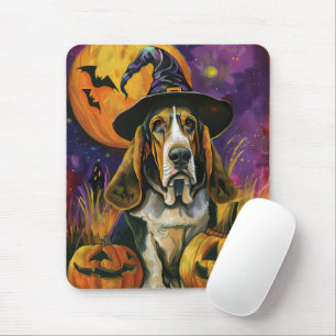 Spooky Basset Hound Halloween Witch And Pumpkin Mouse Pad