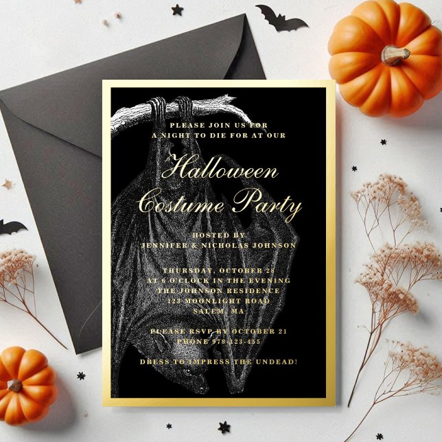 Spooky Bat Halloween Costume Party Gold (Spooky Bat Halloween Costume Party Gold Foil Invitation)