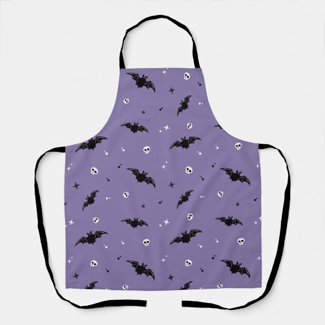 Spooky Bat & Skulls Purple Halloween Apron (Front)