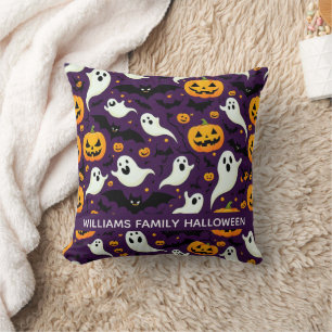 Spooky Bats Pumpkin Boo Halloween Pattern Purple Cushion