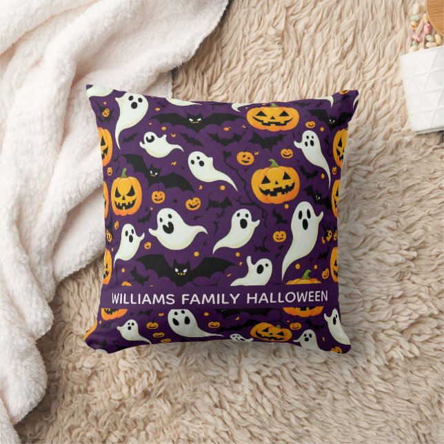 Spooky Bats Pumpkin Boo Halloween Pattern Purple Cushion (Blanket)