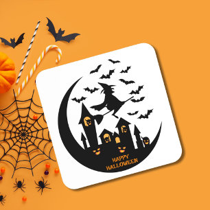 Spooky Bats & Witch Happy Halloween Custom Coaster