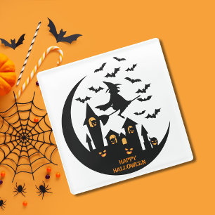 Spooky Bats & Witch Happy Halloween Custom Glass Coaster