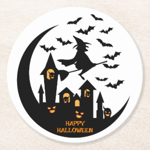 Spooky Bats & Witch Happy Halloween Custom Round Paper Coaster