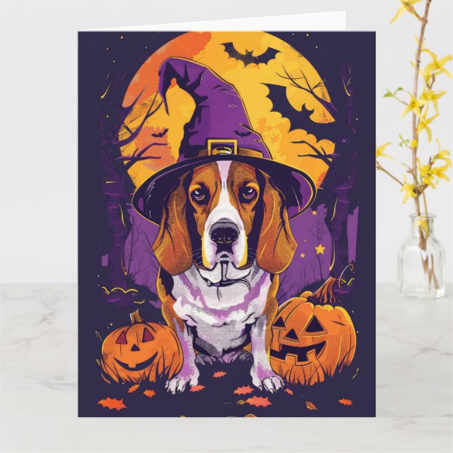 Spooky Beagle Halloween Witch And Pumpkin Card (Yellow Flower)