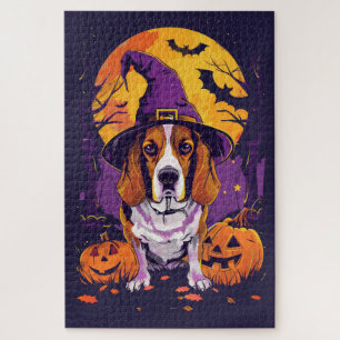 Spooky Beagle Halloween Witch And Pumpkin Jigsaw Puzzle