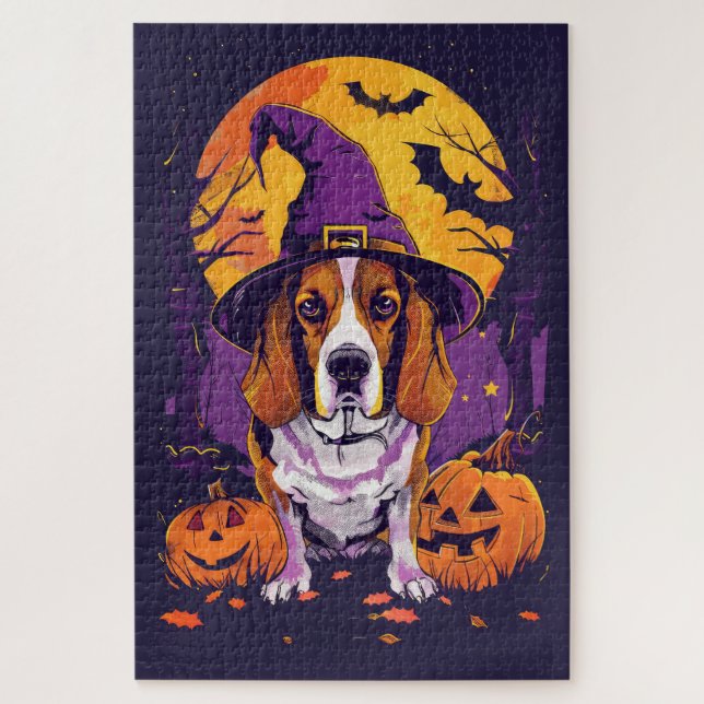 Spooky Beagle Halloween Witch And Pumpkin Jigsaw Puzzle (Vertical)
