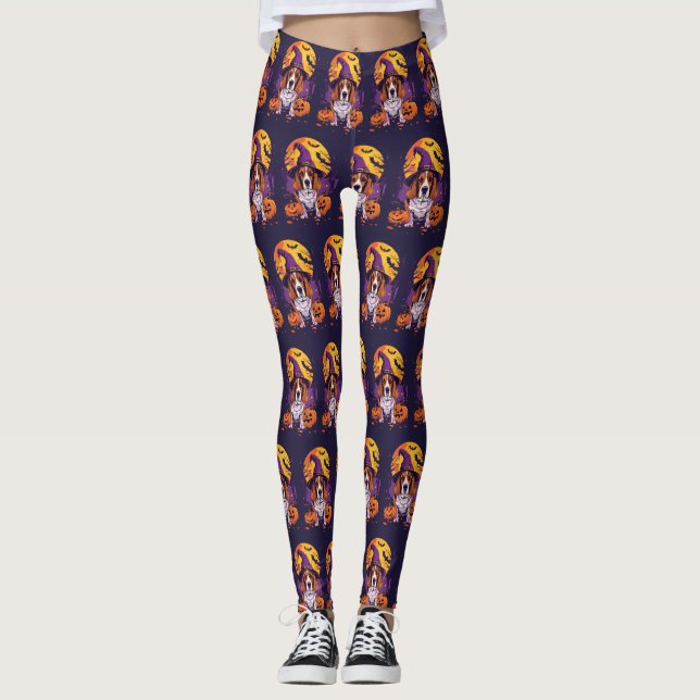 Spooky Beagle Halloween Witch And Pumpkin Leggings (Front)