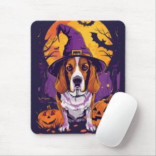 Spooky Beagle Halloween Witch And Pumpkin Mouse Pad
