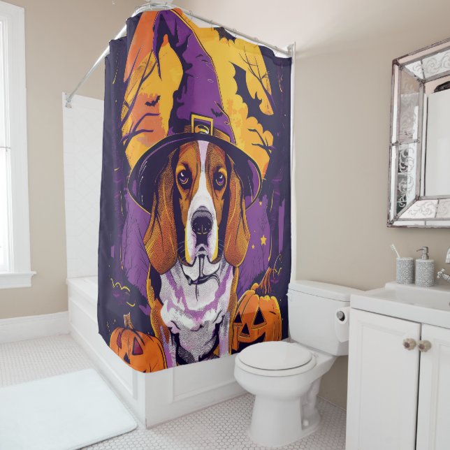 Spooky Beagle Halloween Witch And Pumpkin Shower Curtain (In Situ)