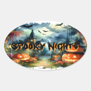 Spooky & Beautiful Halloween Landscape Watercolor  Oval Sticker