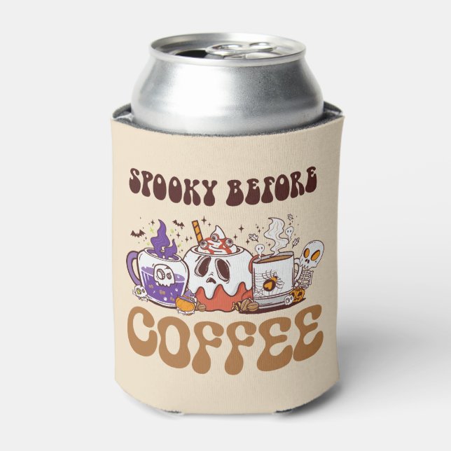 Spooky Before Coffee – Funny Ghost Coffee Brew Can Cooler (Can Front)