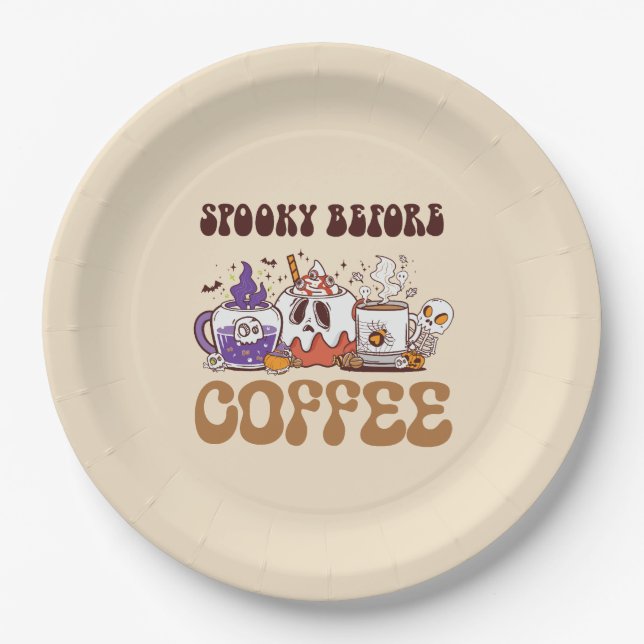 Spooky Before Coffee – Funny Ghost Coffee Brew Paper Plate (Front)