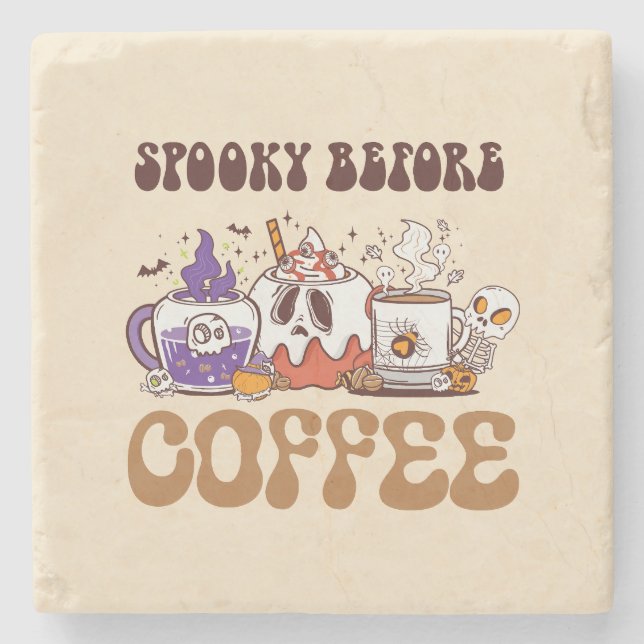 Spooky Before Coffee – Funny Ghost Coffee Brew Stone Coaster (Front)
