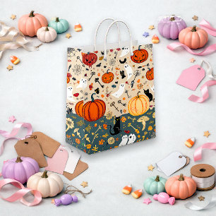 Spooky Beige Vintage Pumpkin Ghost Pattern Small Gift Bag