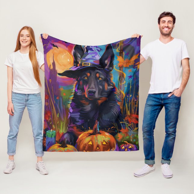 Spooky Belgian Shepherd Halloween Witch Pumpkin Fleece Blanket (In Situ)