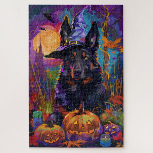 Spooky Belgian Shepherd Halloween Witch Pumpkin Jigsaw Puzzle