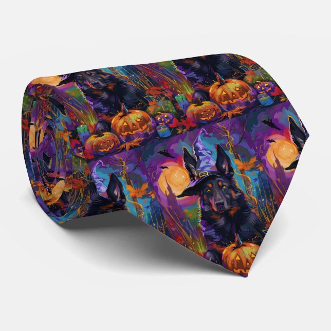 Spooky Belgian Shepherd Halloween Witch Pumpkin Tie (Rolled)