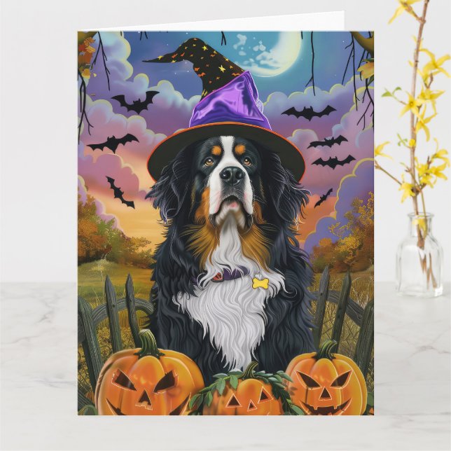 Spooky Bernese Mountain Halloween Witch Pumpkin Card (Yellow Flower)