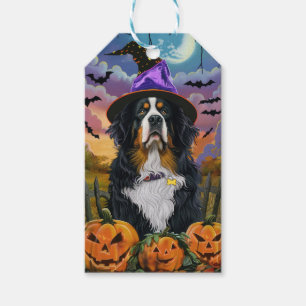 Spooky Bernese Mountain Halloween Witch Pumpkin Gift Tags