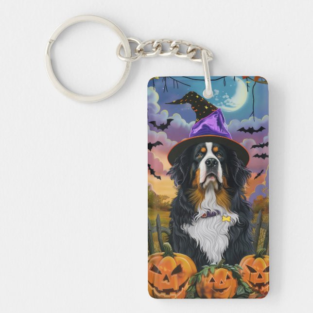 Spooky Bernese Mountain Halloween Witch Pumpkin Key Ring (Front)
