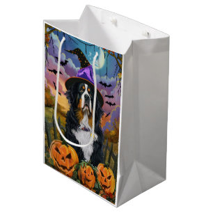 Spooky Bernese Mountain Halloween Witch Pumpkin Medium Gift Bag