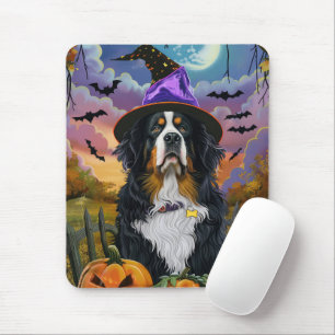 Spooky Bernese Mountain Halloween Witch Pumpkin Mouse Pad