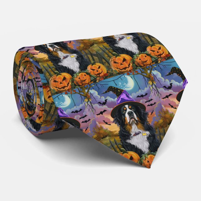 Spooky Bernese Mountain Halloween Witch Pumpkin Tie (Rolled)