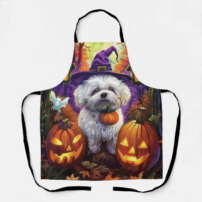 Spooky Bichon Frise Halloween Witch And Pumpkin Apron (Front)