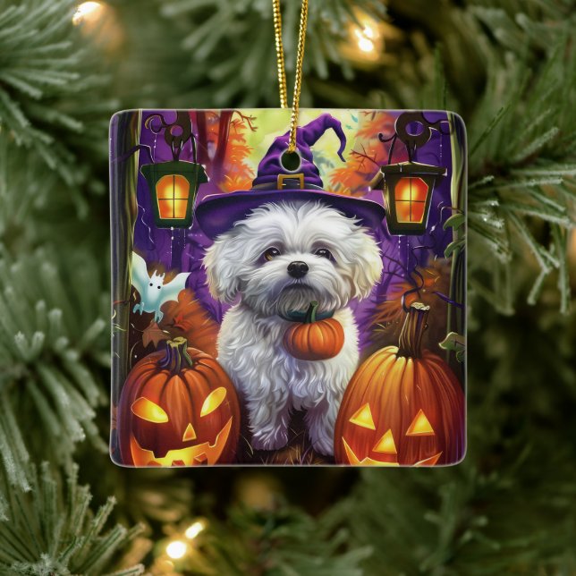 Spooky Bichon Frise Halloween Witch And Pumpkin Ceramic Ornament (Tree)
