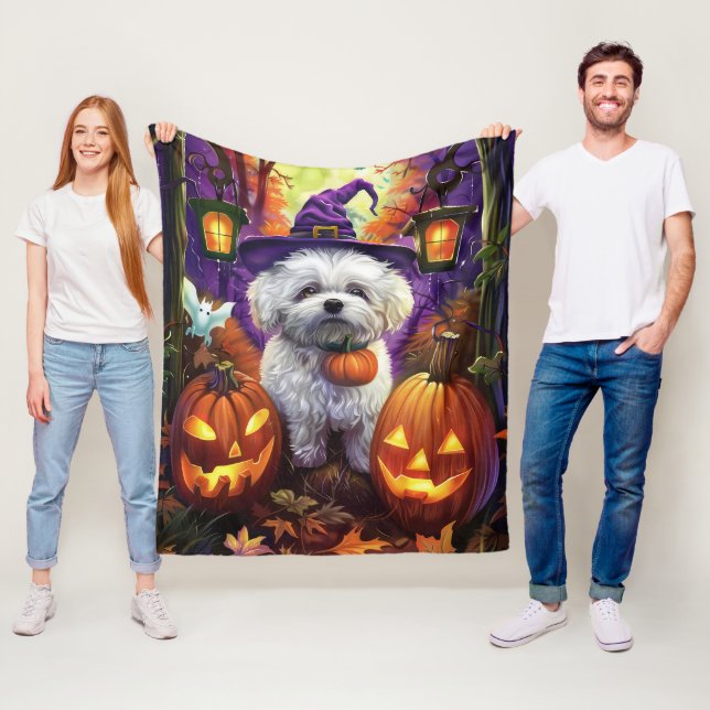 Spooky Bichon Frise Halloween Witch And Pumpkin Fleece Blanket (In Situ)