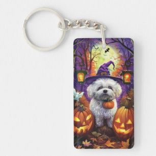 Spooky Bichon Frise Halloween Witch And Pumpkin Key Ring